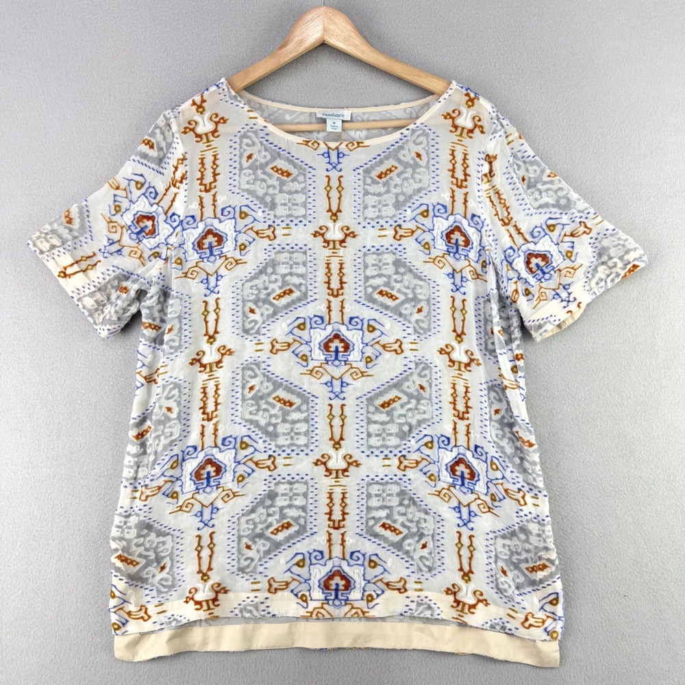 Sundance Geometric Devore Velvet Silk Blouse Women M Ivory Boho Western